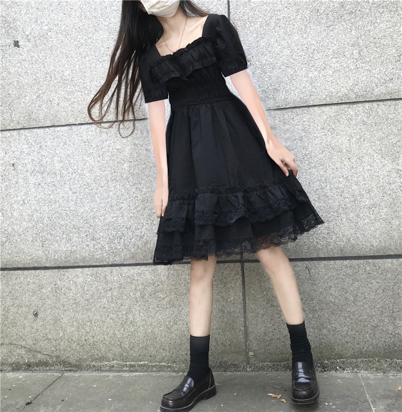 Lolita-vestido negro de encaje con mangas abullonadas para mujer, vestido de cintura alta, de nicho francés, Harajuku, Lolita