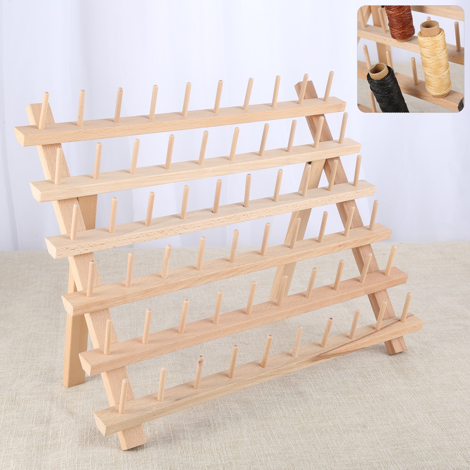 60-Spools Solid Wood Sewing Thread Rack Hold Sewing Sundries Storage Floss Organizer Folded Leg Tools Display Board 40x32cm