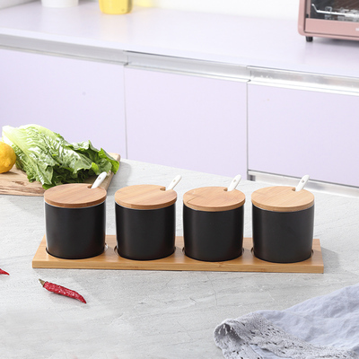 Smuk sukkerskål hjemmekøkken 4 in 1 sæt keramik salt krydderi krukker med 4 skeer sorte ord kan fjernes: Design 13