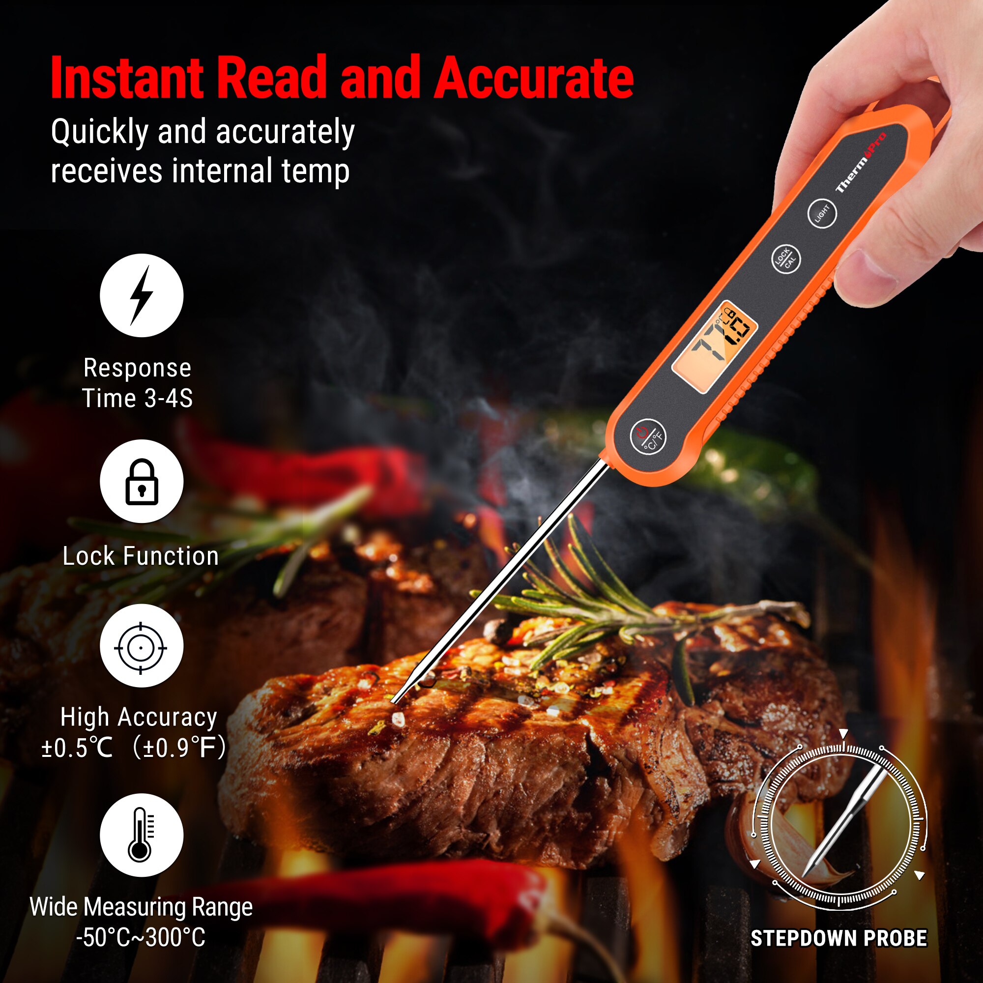 ThermoPro TP03H termometro digitale da cucina a lettura istantanea impermeabile con retroilluminazione con sonda lunga 10CM per termometro da forno per barbecue