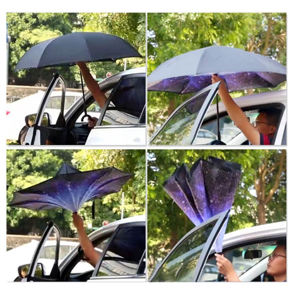 Windproof Reverse Folding Double Layer Inverted Chuva Umbrella Self Stand Rain Protection C-Hook Hands For Car