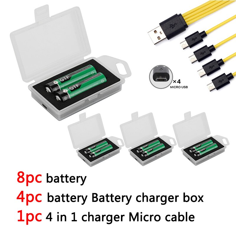 GTF1.5V USB AA li-ion Battery 2800mwh 1900mah 100% capacity li-polymer USB rechargeable battery Box USB cable: 8pc battery  cable