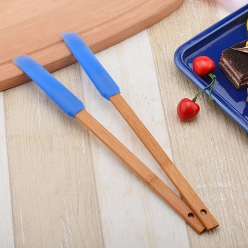 1Pcs Bamboo Handle Blue Silicone Spatula Non-stick Cake DIY Brush Kitchen Tools Multi Purpose Outdoor BBQ Scraper