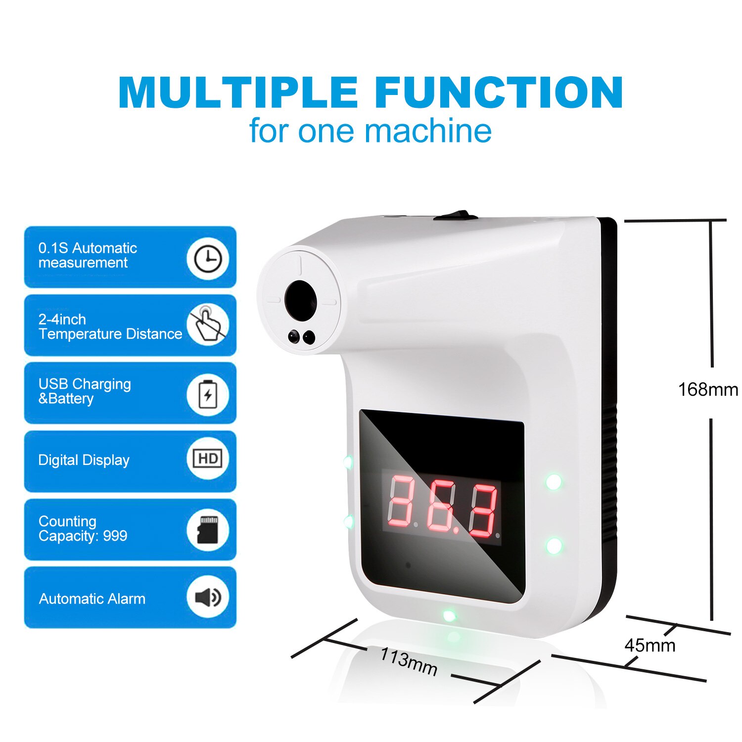 Handsfree Termometer Wall Mounted Touchless Hanging Infrared Termometer Wall Termometer °C/°F 0.5S Fast Measurement Buzzer Alarm