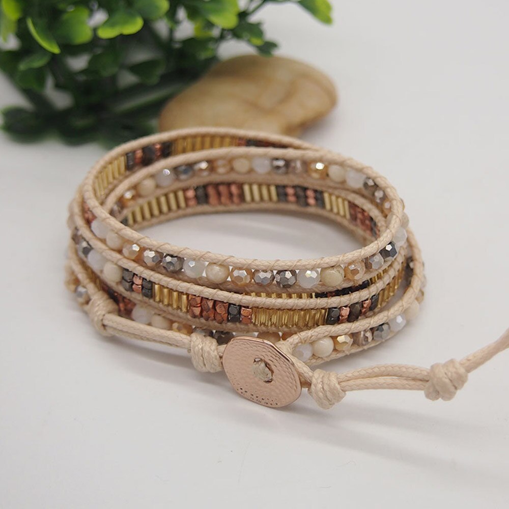 5 Times Wrap with Beige Mix Wrap Beadwork Bracelet Jewelry for Mom