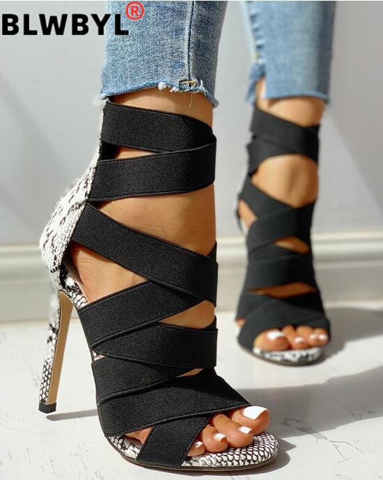 Sandalias Mujer femmes dames pompes pansement Patchwork couleurs mélangées serpent talons hauts sandales chaussures décontractées taille 37 ~ 43