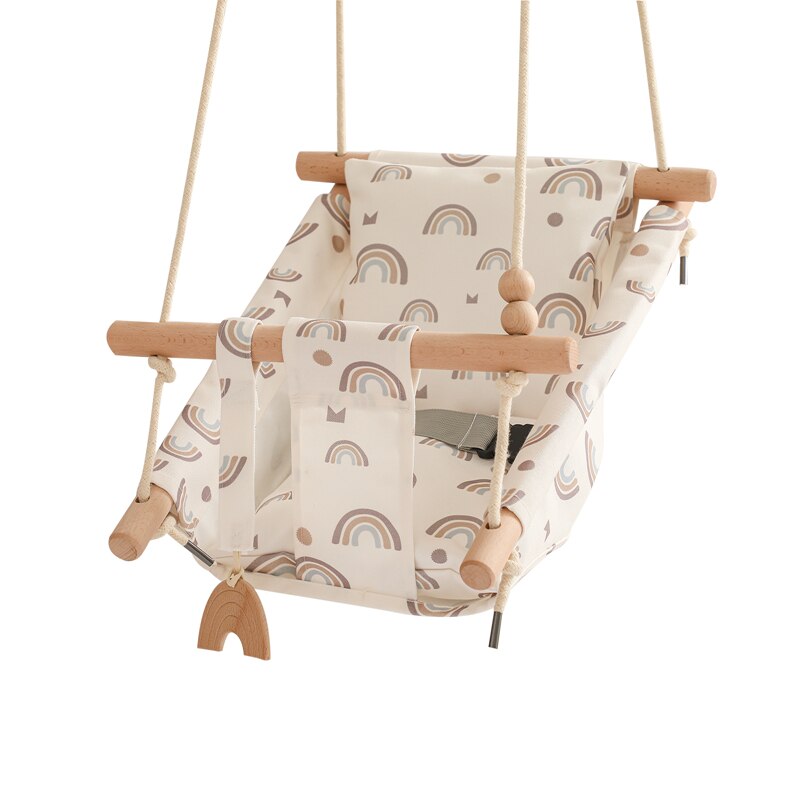 Baby Canvas Schommel Stoel Opknoping Hout Kinderen Kleuterschool Speelgoed Buiten Indoor Kleine Mand Beige Swingende Schommelstoel Baby Speelgoed