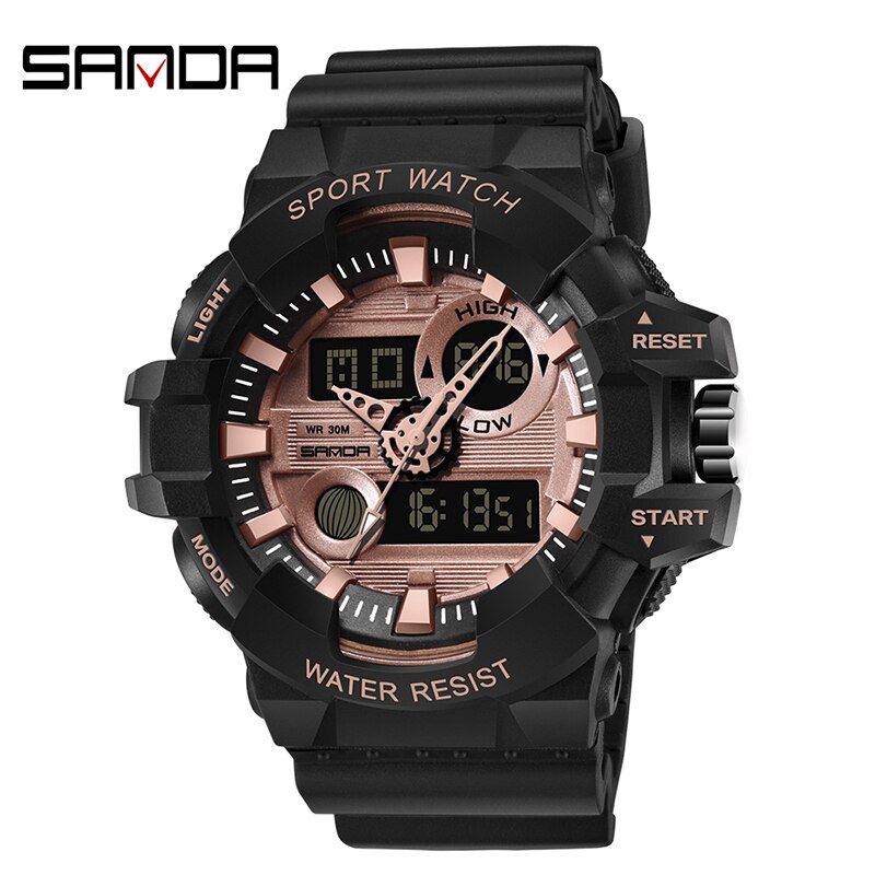 Sanda heren elektronisch horloge waterdicht lichtgevend sporthorloge heren elektronisch digitaal horloge relogio digital montre homme: Zwart roségoud