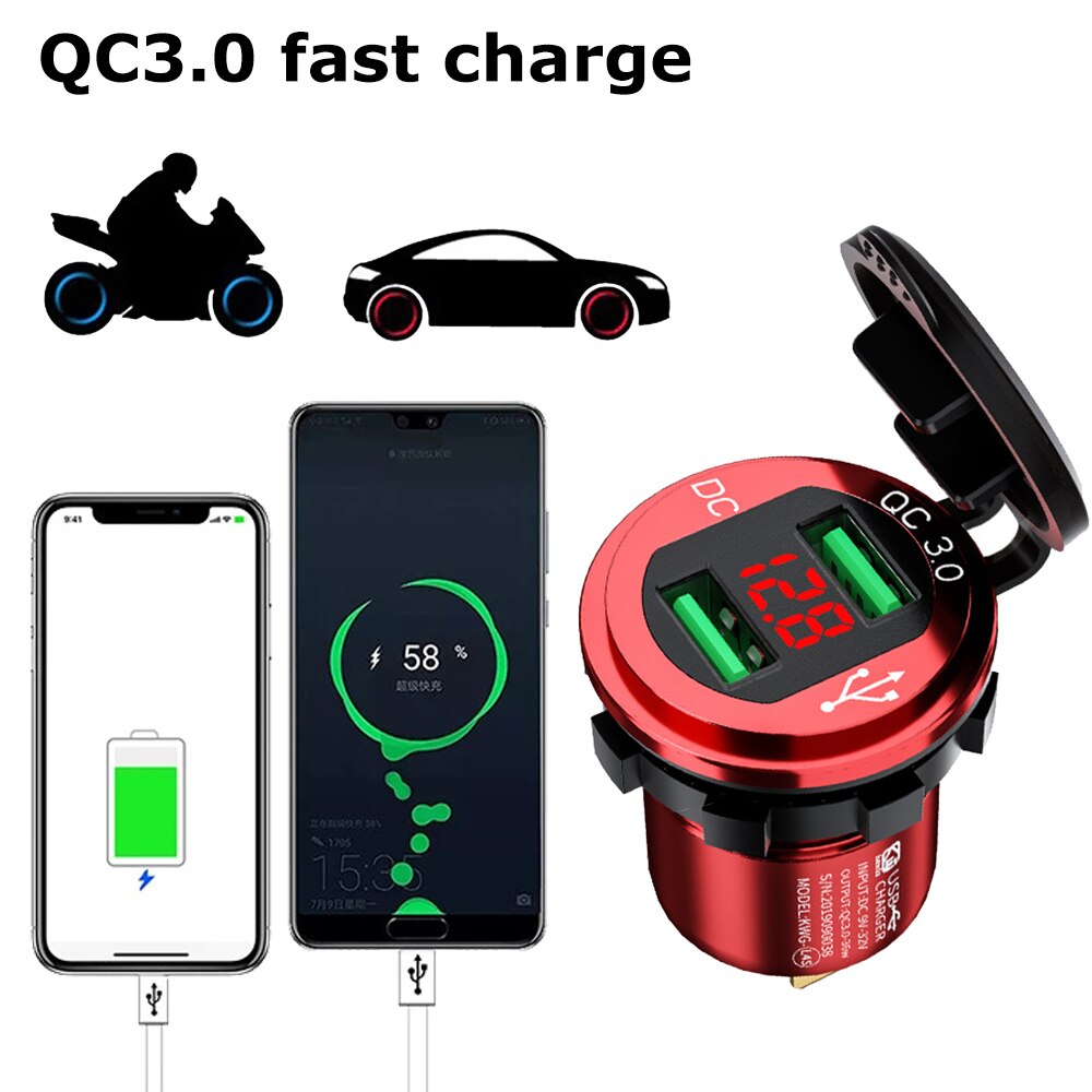 QC3.0 Quick Dual Usb Lader Led Display Snelle Chatge Voor Avt Motorfiets Auto Boot Waterdicht Snelle Mobiel Lading Socket Plug