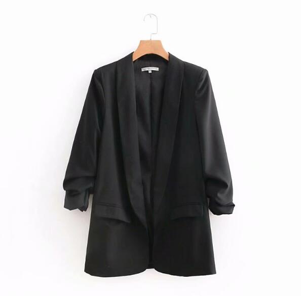 Smart slik ensfarvet ruched manchet mellemlang blazer med foring kvinde sjalkrave slim fit jakkesæt afslappet jakke frakke overtøj: Sort / L