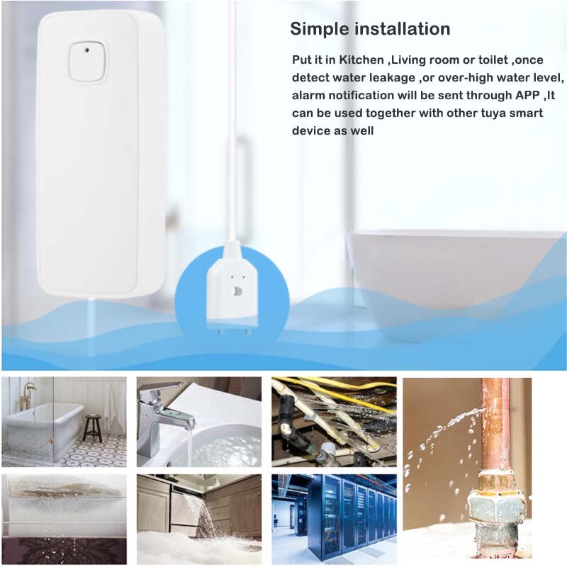Wifi Water Detector Leakage Sensor Alarm Built in Siren Sound Tuyasmart Smart Life APP Notification Flood Alert Overflow Safety
