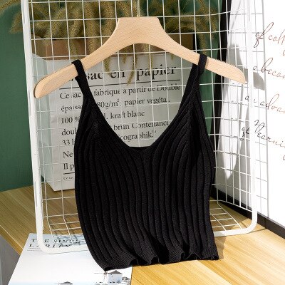 Kvinder sexet strikket crop top crop ærmeløs cropped vest slim sling strikket tank top v-hals almindelig camisole høj elastisk camis: Sort