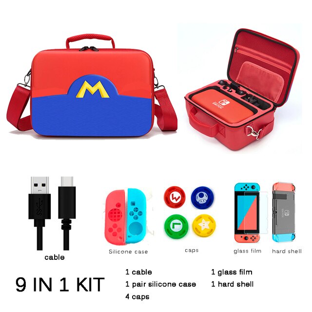 Kit de bolsa de almacenamiento 10 en 1 para Nintendo Switch, carcasa dura, Estuche de transporte, caja de accesorios para Nintendo Switch, resistente al agua: M