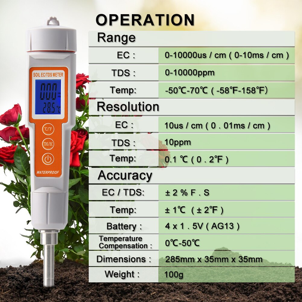 Soil Tester 3 in 1 EC/ TDS/ Temperature Digital Soil Test Probe Meter with Backlight Screen Portable Soil Salinity Tester