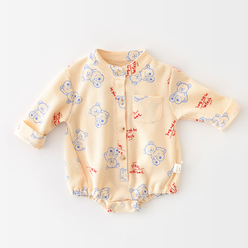 2022 babybodys für frühling und sommer, waffelpiqué, jungenkleidung, langarm, bärenmuster, kleinkind-oberbekleidung