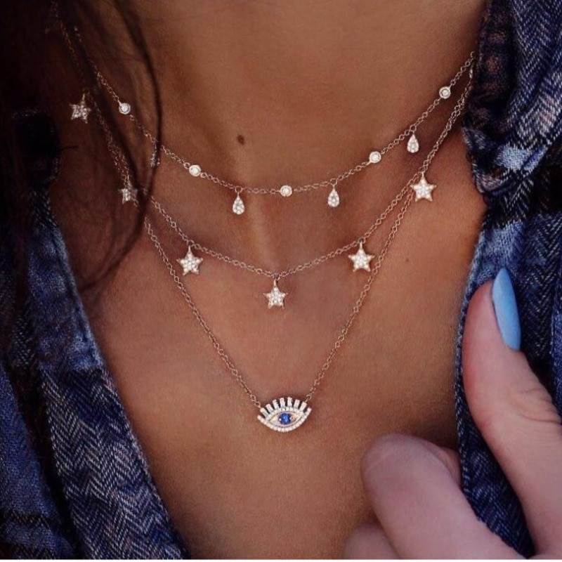 Meyfflin Vintage Star Blue Eye ChainNecklaces for Women Gold Multilayer Crystal Choker Necklace Boho Jewelry Ethnic