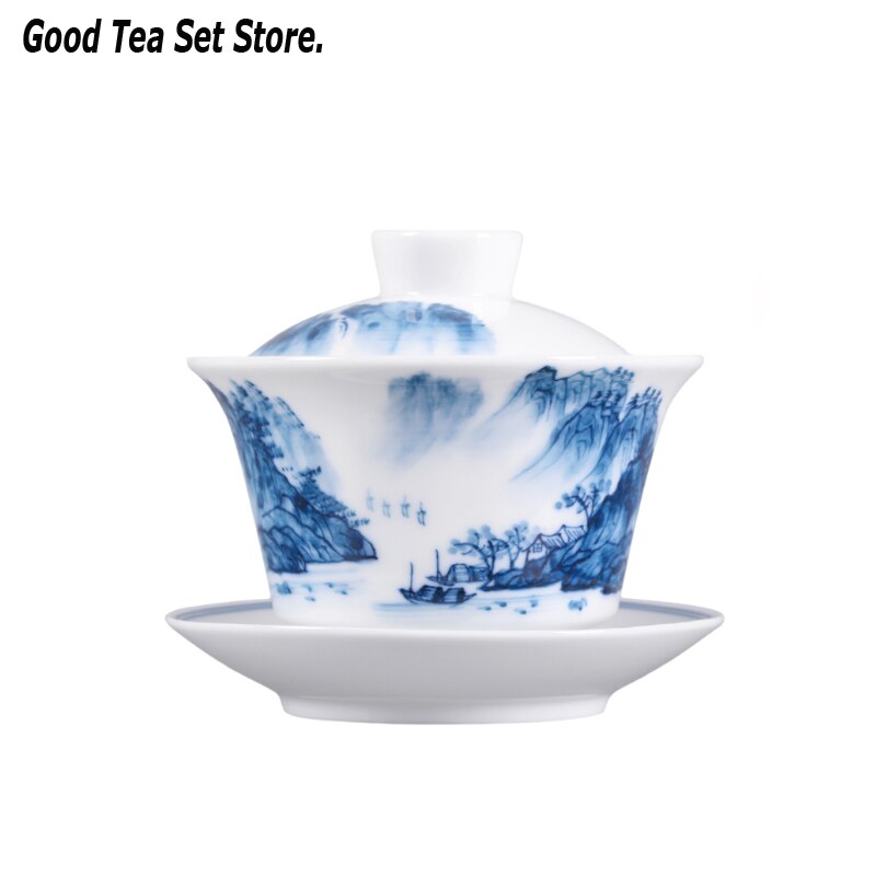 Tureen paysage en porcelaine bleu et blanc, tasse Gaiwan avec couvercle, Kit de soucoupe, bol à thé en céramique, décoration, artisanal 7oz