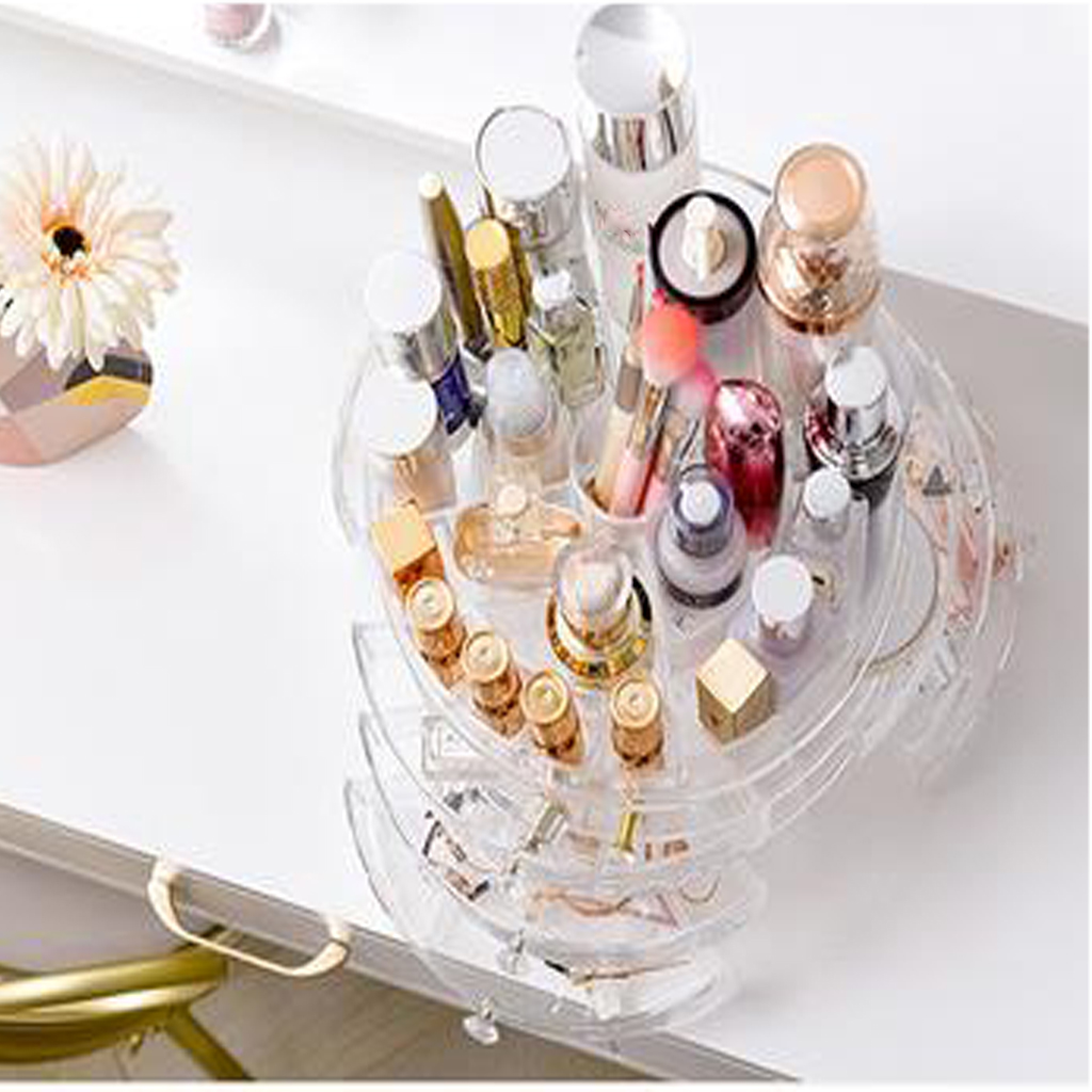 Duurzame make-up organizer met lades, sieradenhouder en displaystandaard.