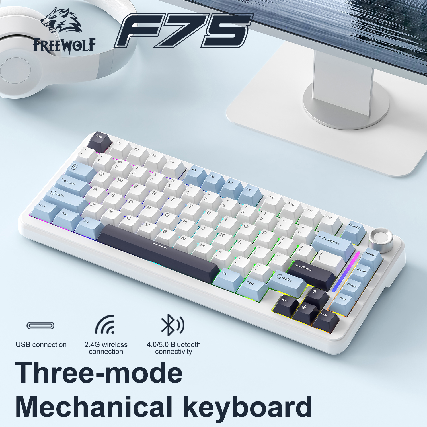 F75 - draadloze mechanische toetsenborden met verwisselbare toetsen, 75%  bluetooth-poorten met drie modi, /2.4g/ usb-c-poorten, rgb-achtergrondverlichting, montage met rubberen afdichting, , 4000 mah-batterij met lange levensduur.
