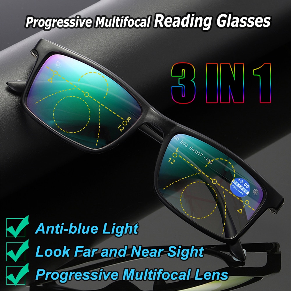 Unisex progressive multifokale lesebriller anti blått lys presbyopia briller i nærheten av langt syn briller hyperopia diopter