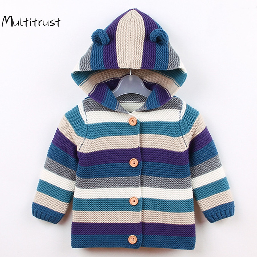 Autumn Winter Boys Sweater Children's Clothing Cute Ears Striped Hooded Kid Baby Girl Sweaters Baby Clothes Tops Knitwear