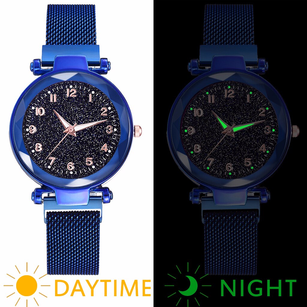 Vrouwen Magneet Gesp Sterrenhemel Lichtgevende Horloge Luxe Dames Rvs Quartz Horloge Relogio Feminino: blue