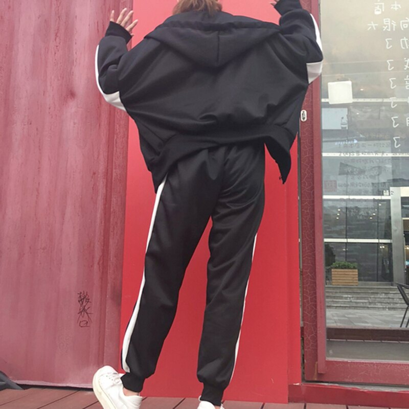 Vertvie Workout Tracksuits Women Zipper Crop Tops Drawstring Calf Length Pants Patchwork Sports Suits Oversize Coat Fitness