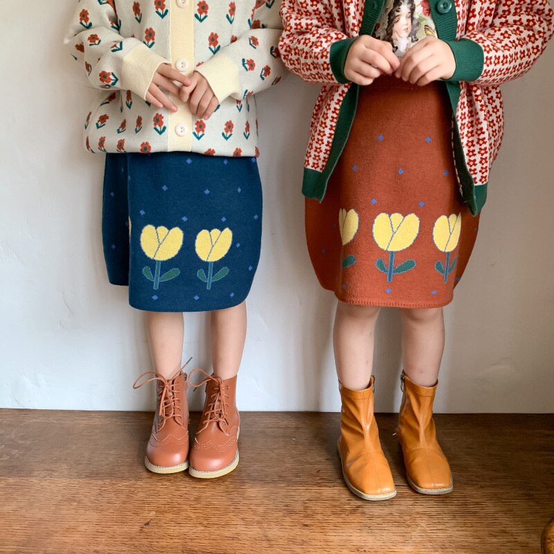 Moda Casual gonna bambino dolce carino motivo floreale cotone mezza lunghezza Faldas autunno ragazze maglieria dritta Faldas Cortas