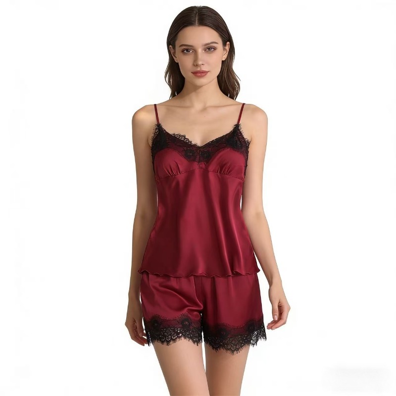 Dames Pyjama V-hals Kanten Pak Mode Sexy Lingerie Pyjama Slaap Shorts Set Nachtkleding Geen Gewatteerd: Rood