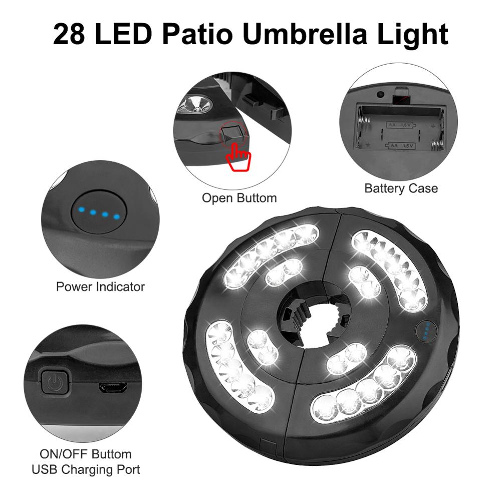 28 lysdioder terrasse paraply lys usb oppladbar stang plenlampe bærbar telt lanterne til hage utendørs camping belysning