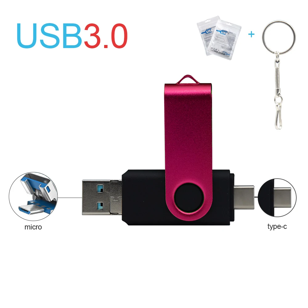 3 in w 1 dysk flash usb otg, usb 3.0 i typu c oraz micro usb, pendrive 512g w 256g, pamięć usb, pendrive 32gb 64gb 128gb, dysk u: Różowy / 128 gb