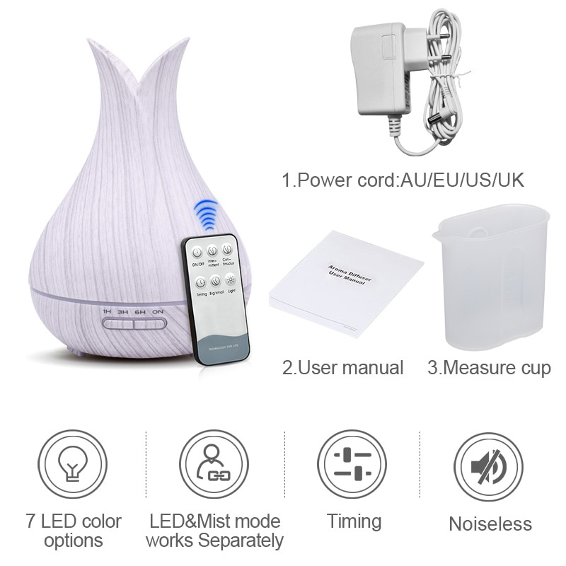 Humidificateur d'air ultrasonique, diffuseur d'huile essentielle et d'arôme avec Grain de bois, 7 lumières, pour le bureau et la maison, 400 et LED à couleur changeante ml