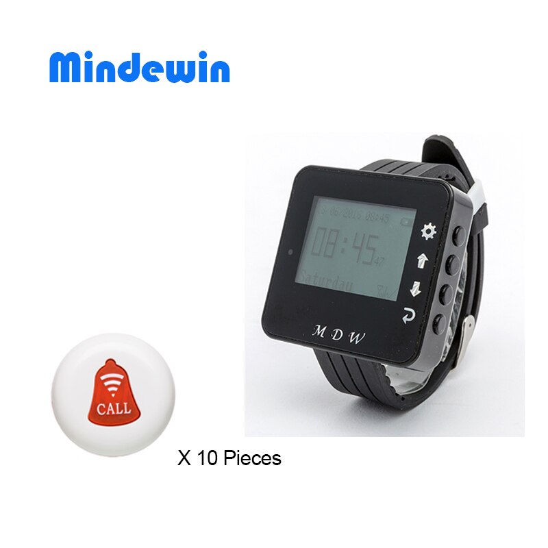 Mindewin trådlöst samtalssystem 10 st anropsknappar och 1 st armbandsur personsökare restaurang servitör service ringklocka system: Svart