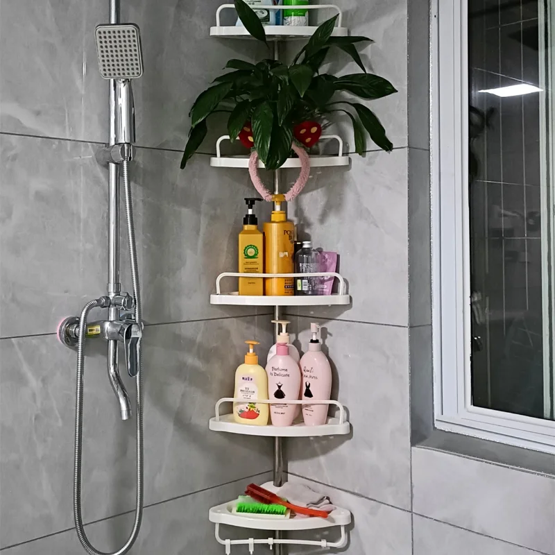 Shower Caddy Tension Pole Rust Proof Telescopic Rod Storage Rack Bathroom Corner Organizer 4 Tier