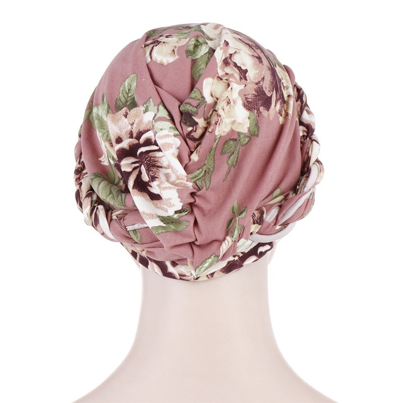 Turbante trenzado para mujer, pañuelo para la cabeza de algodón con estampado de flores, gorro, gorro cruzado para la frente, sombrero africano, listo para usar hijab musulmán, novedad de