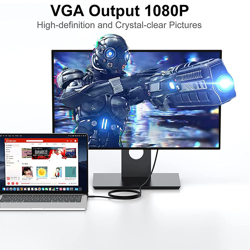 Thunderbolt3 USB C to VGA Adapter Compatible with Macbook Pro USB 3.1 Type-C To VGA Converter Cable for Laptop Monitor Projector