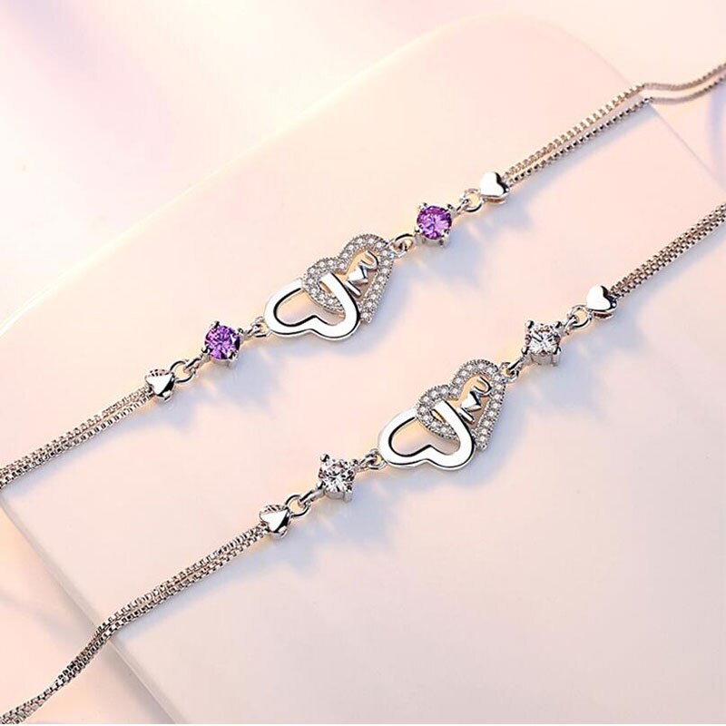 Anenjery Zilver Kleur Eeuwige Liefde Hart Zirkoon Double Layer Ketting Armband Voor Vrouwen Pulseira Feminina S-B47