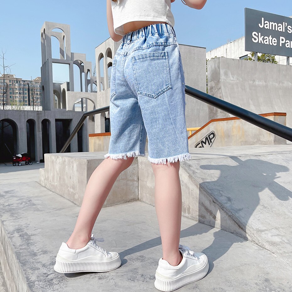 Summer Jeans Girl Pearls Girl Short Jeans Big Hole Trousers For Children Casual Style Children's Jeans Clothes