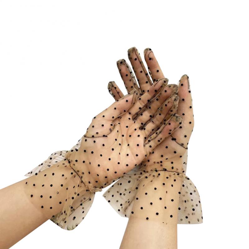 Guanti da donna in pizzo macchiare Tulle elasticizzati eleganti corti sottili a maglie sottili scaldamuscoli per ragazze da festa di nozze: 06