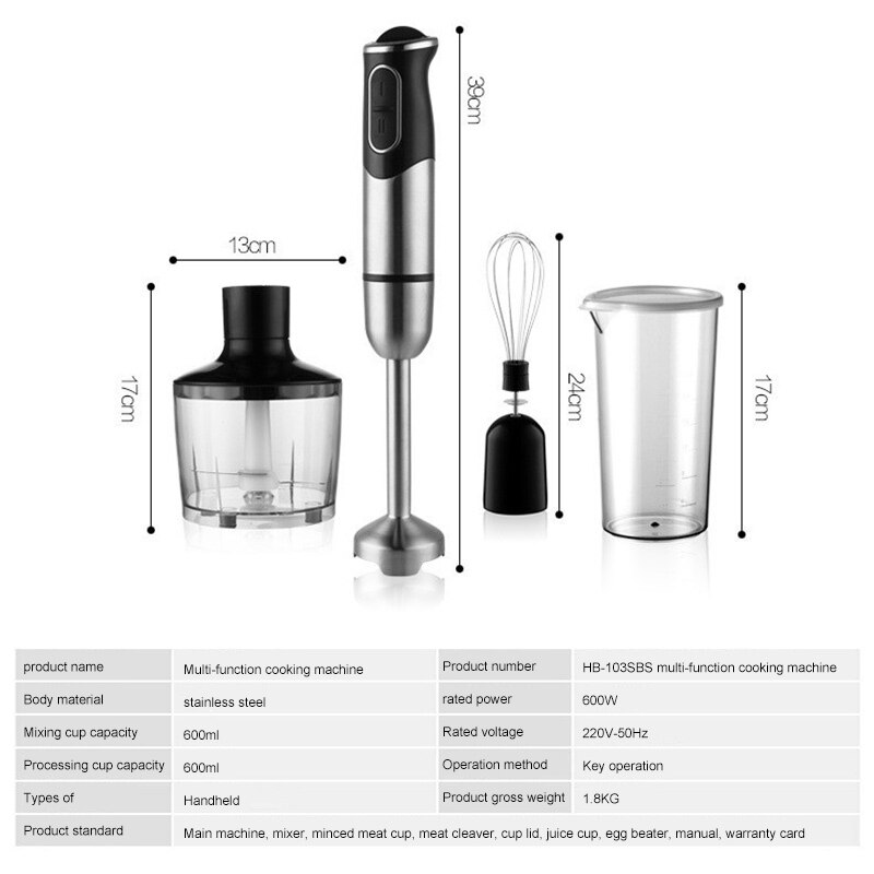 600ML Hand Blender 4 in 1 Portable immersion Blender for Kitchen Food Processor stick with Chopper Whisk Electric Juicer Mixer