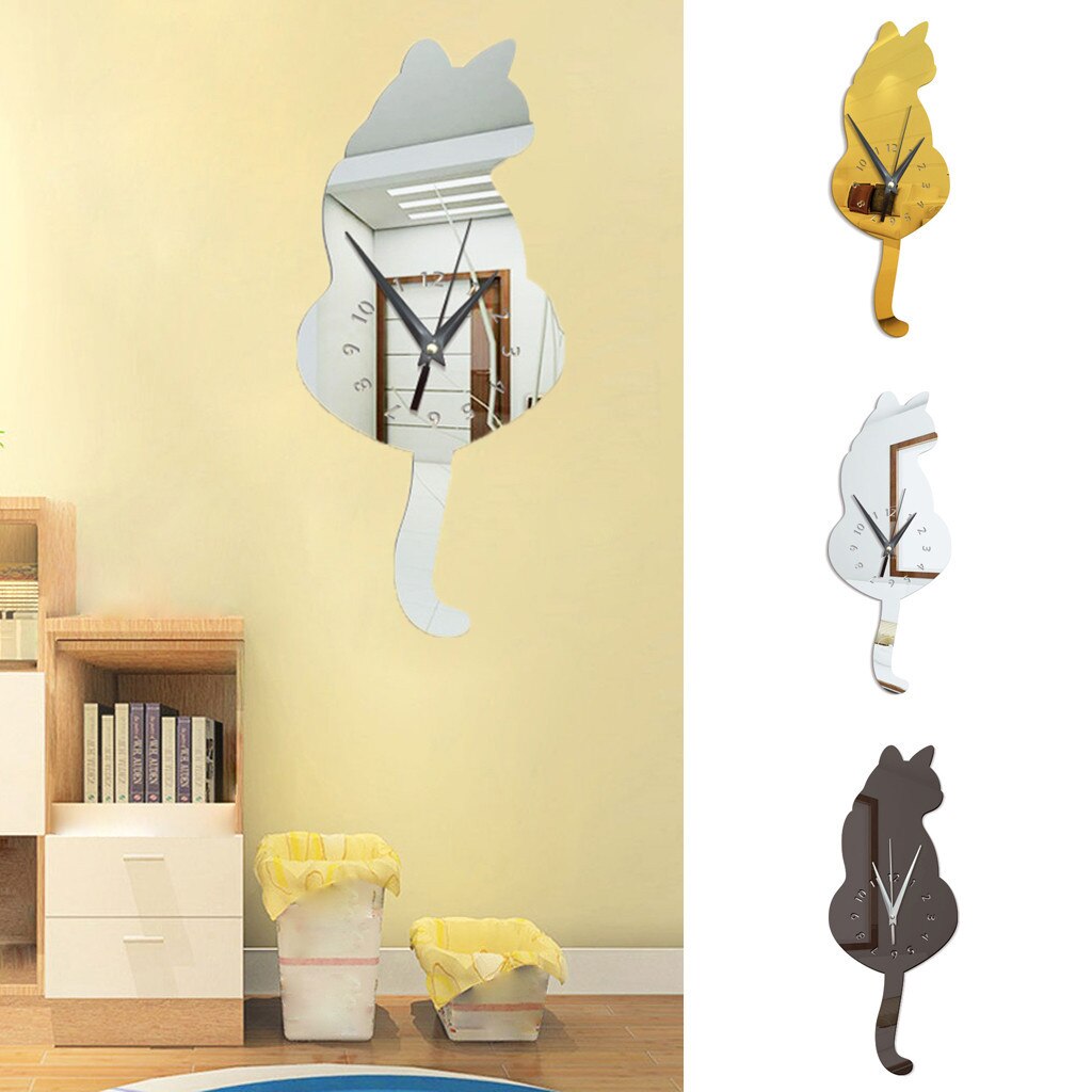 3D Cartoon Cat wall clock modern Modeling Acrylic Mirror Clock Home Decoration Wall Clock horloge murale