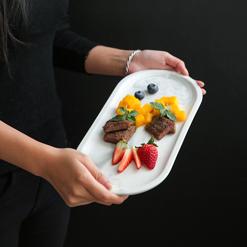 Nordic Style Ceramic Marble Texture Long Plate Home Big Fish Dish Pastry Fruit Oval Shape Saucer Plates Dinnerware Tableware