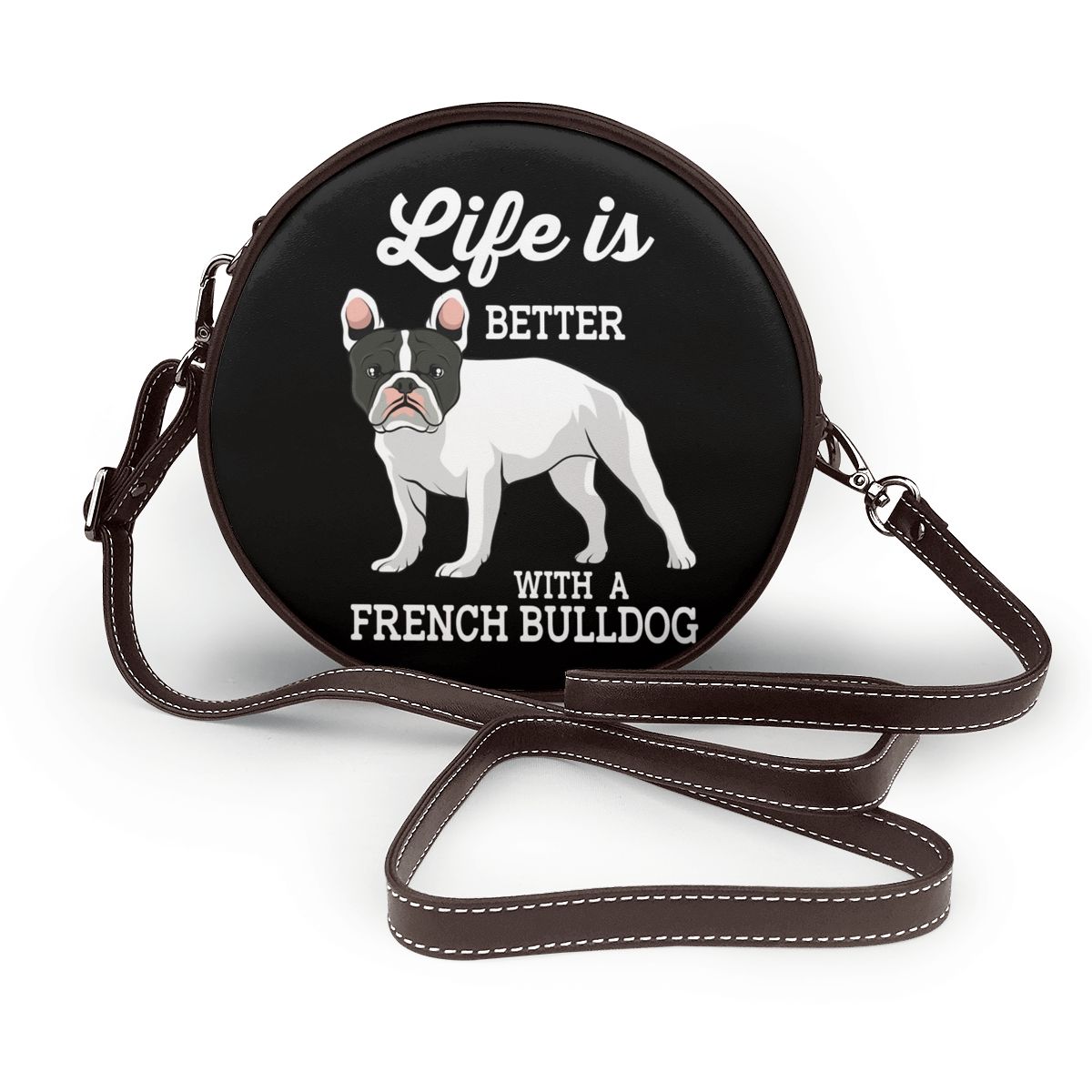 Bolso de hombro de cuero para Bulldog Francés, redondo, para estudiantes, estético: 17