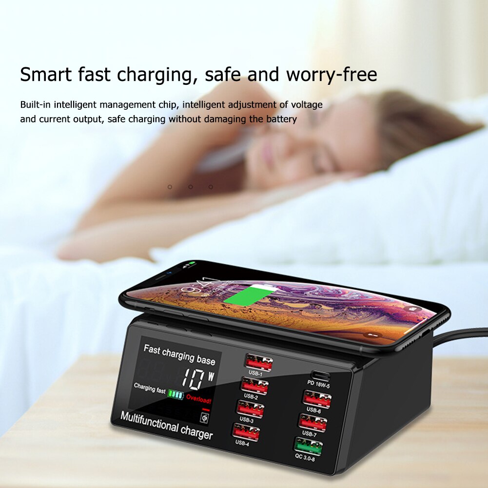 100W Multi USB Ladegerät Bahnhof PD 20W schnell aufladen 3,0 Qi Drahtlose Ladegerät 8 USB Häfen Schnelle Ladung Bahnhof für iPhone Huawei