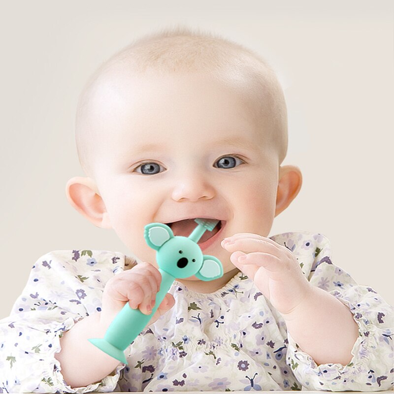 360 graders baby tandbørste koala hoved håndtag spædbarn børstning tænder træning sikker blød sund silikone lille barn oral pleje