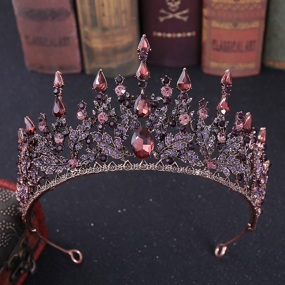Tiara de cabelo para noiva, tiara de cristal de bronze retrô barroca para noiva, coroa, strass paga, diadema, tiara de véu para casamento, acessórios de cabelo: Bronze Violet
