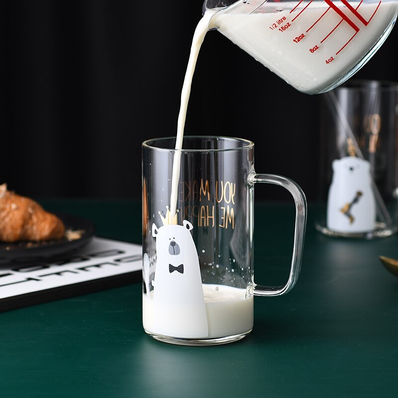 Taza de cristal creativa para el desayuno, taza de café o té con mango transparente, con cubierta, para el hogar y la Oficina