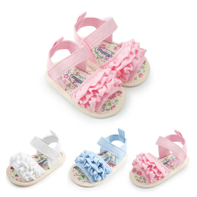 Bonitas sandalias de flores con volantes para niña recién nacida , zapatos de lona para vacaciones de verano, zapatos planos para niña bebé de 0 a 18 meses