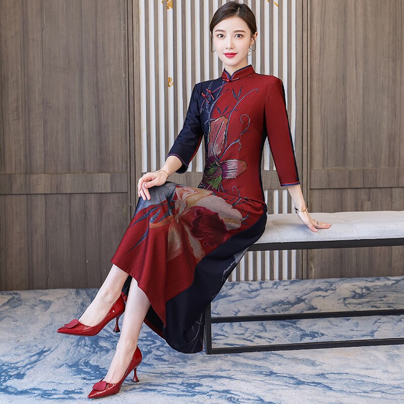 Vestido chino con estampado de estilo étnico para mujer, Cheongsam tradicional Vintage, moderno y , Qipao M-4XL, novedad de Primavera de 2022