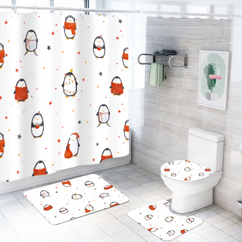 Kerst Pinguïn Douchegordijn Sets 4 Stuks Badmat Set Met Bad Rug Wc Cover Floor Mat, waterdicht Badkamer Gordijnen
